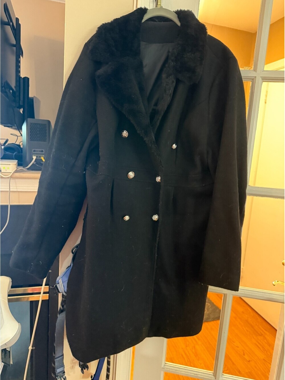 SHEIN Women's [Size] Black Double Breasted Coat Faux Fur Collar RhinestoneButton